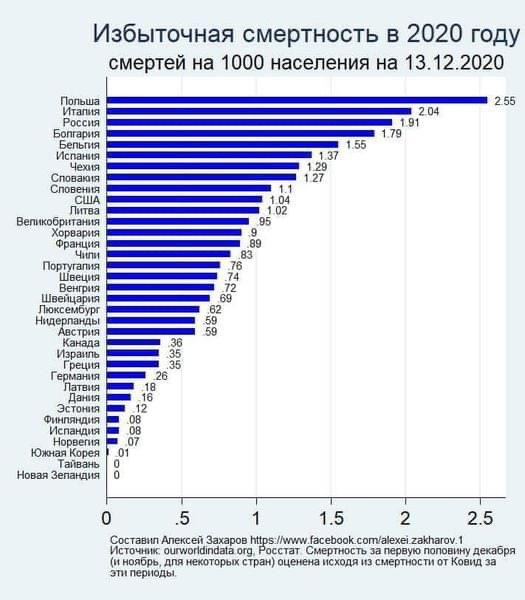 Россия заняла 3-е место по избыточной смертности в 2020 году